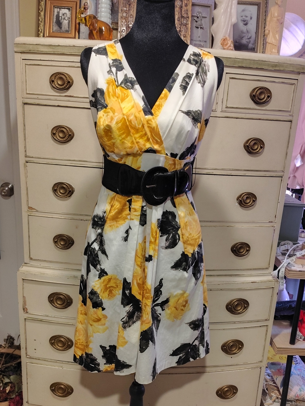 Floral Sleeveless Midi Wrap Dress with Black Waist Belt - Yellow/White
